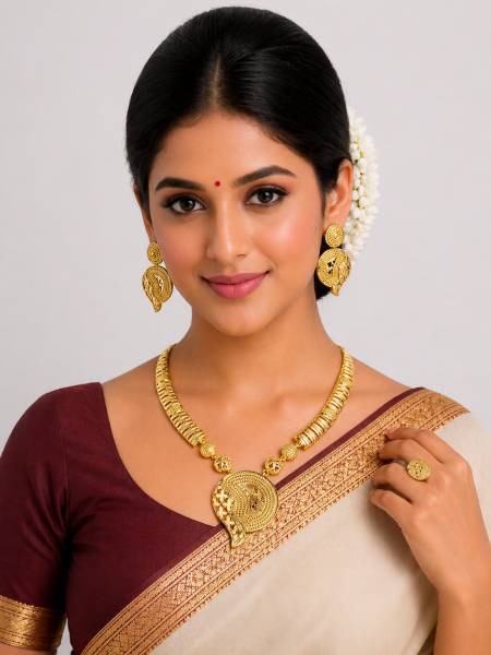 Gold plated necklace with intricate patterns with set