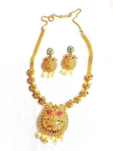 Temple Jewellery with green pink stones and Pearl