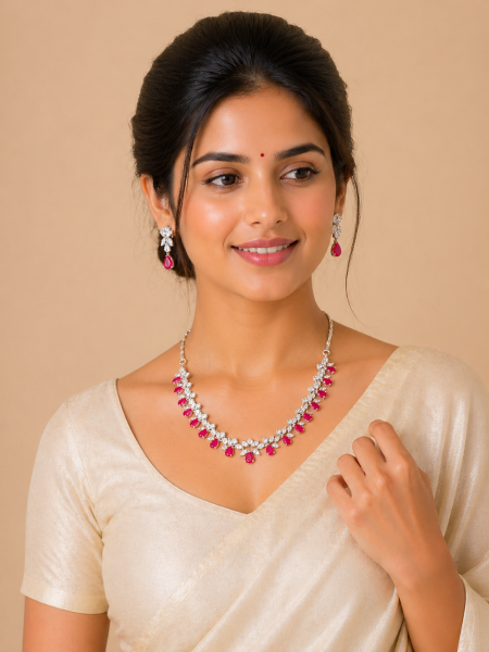 Silver color Neckalace with white and pink stones