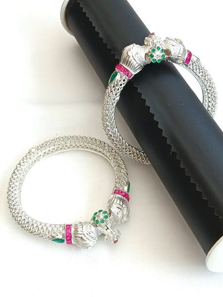 silver Bangle with green and Pink Stone with side screws