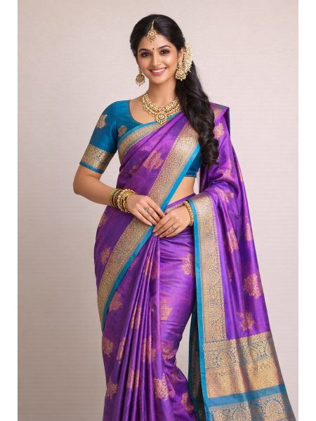 Silk Blend Printed Saree with Contrast Border & Atoll Blue Blouse – Amethyst Violet | Festive & Occasion Wear