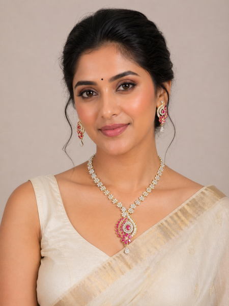 Nneckalace and earing with white and pink stones