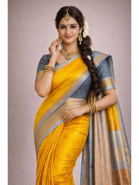 Premium Silk Blend Saree &ndash; Solar Gold with Contrast Border | Festive & Occasion Wear | Includes Blouse Piece