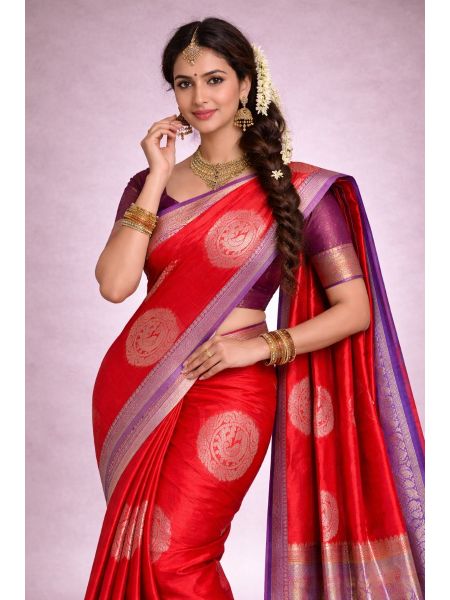 Volcanic Red Silk Blend Saree with Contrast Border & Plum Royale Blouse Piece