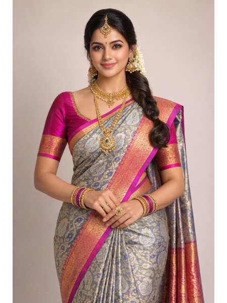 Silk Blend Printed Saree with Contrast Border & Magenta Blouse Piece – English Grey & Royal Blue | Festive Wear