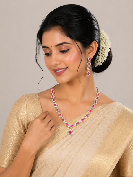 Designer Neckalace and earring with white and pink stones AD-NE-18
