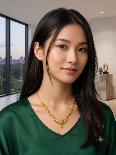 Delicate gold-tone necklace featuring a graceful leaf-pattern chain with an intricately crafted floral pendant.