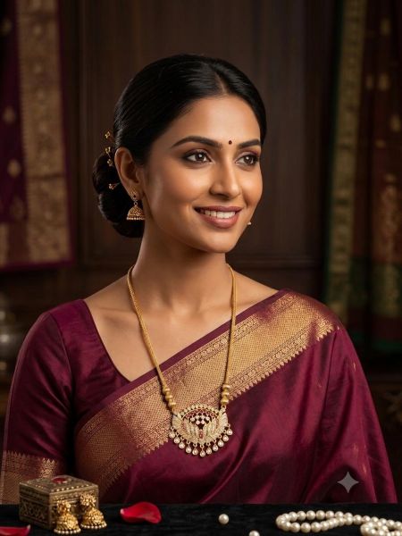 Elegant gold-tone necklace featuring a dazzling stone-studded floral pendant with delicate dangling accents for a graceful finish