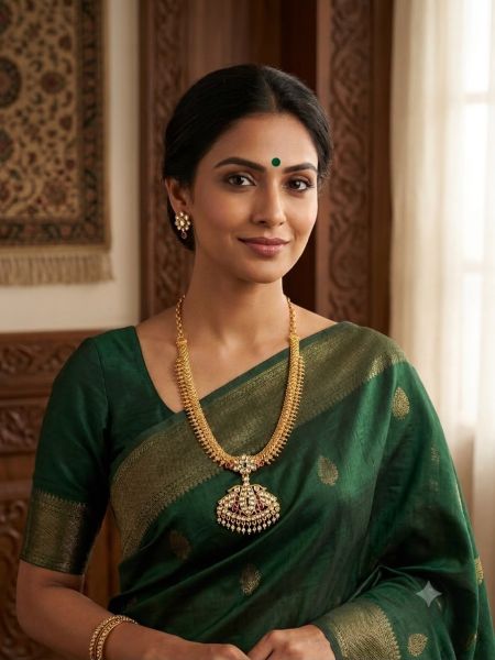 Elegant gold-tone necklace featuring a sparkling stone-studded pendant with intricate traditional detailing.