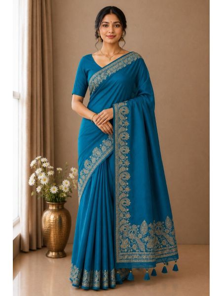 Teal Embroidered Saree