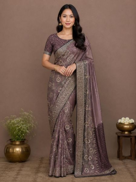 Elegant Mauve Embroidered Saree with Contrast Blouse