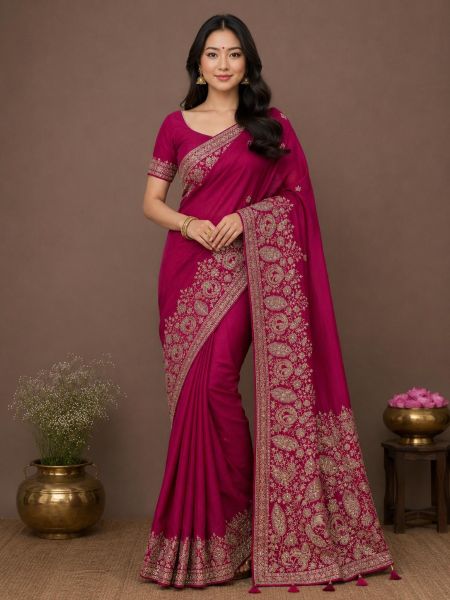 Elegant Fuchsia Embroidered Saree with Matching Blouse