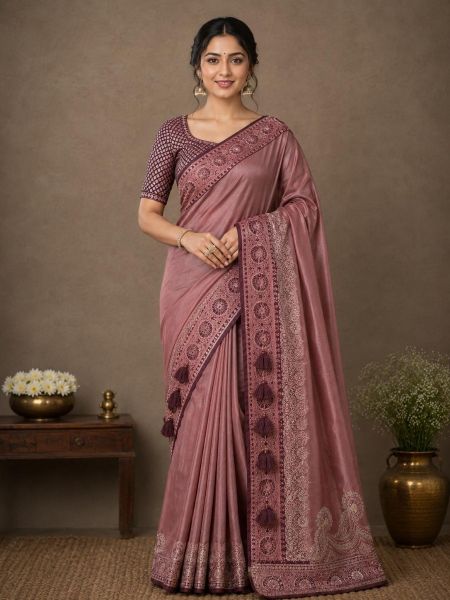 Elegant Dusty Rose Silk Saree with Intricate Zari Border