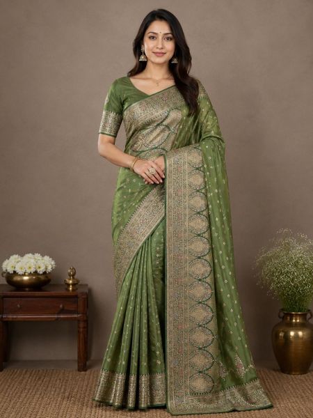 Elegant Olive Green Banarasi Saree with Intricate Zari Weavin