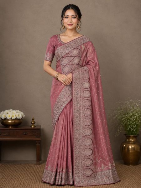 Elegant Dusty Rose Banarasi Saree with Intricate Zari Weaving