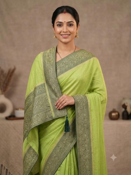 Elegant Sage Green Banarasi Saree with Intricate Zari Weavin