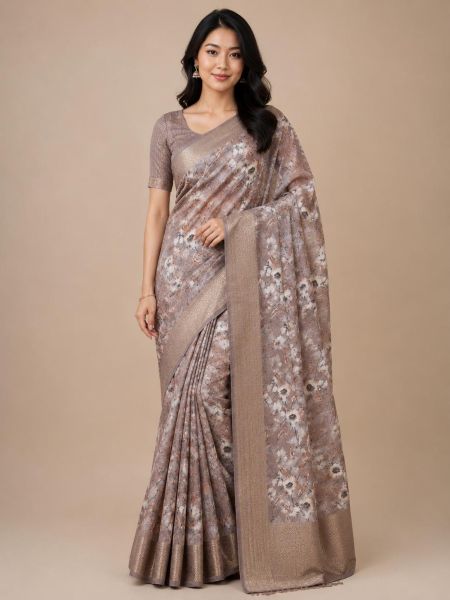 Elegant Floral Cotton Saree with Matching Blouse silver woven border