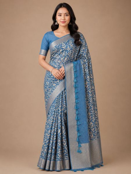 Elegant Blue Floral Cotton Saree with Matching Blouse