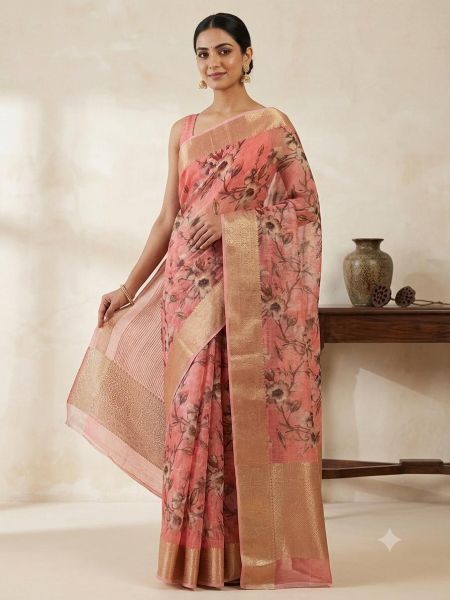 Elegant Pink Floral Cotton Saree with Matching Blouse
