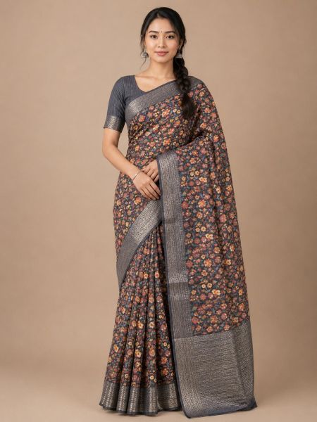 Elegant Black Floral Cotton Saree with Matching Blouse