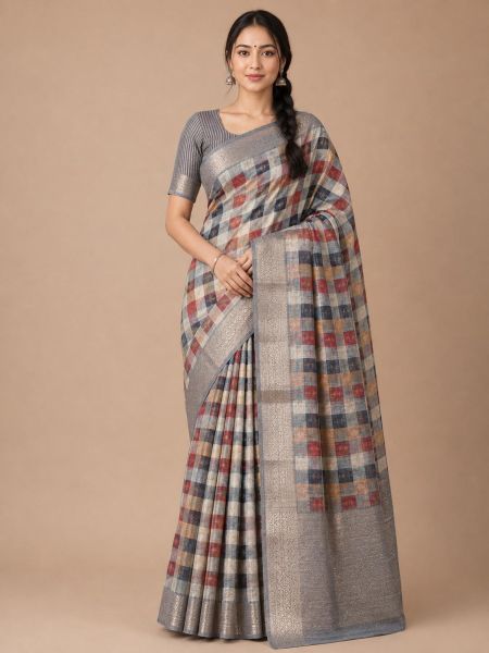 Elegant Checked Cotton Saree with Matching Blouse