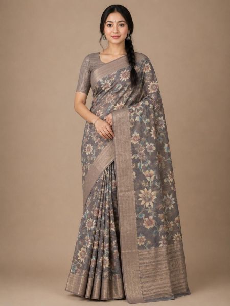 Elegant multicolour floral  Cotton Saree with Matching Blouse