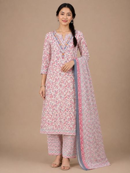 Elegant Pink Floral Cotton Salwar Suit with Matching Dupatta