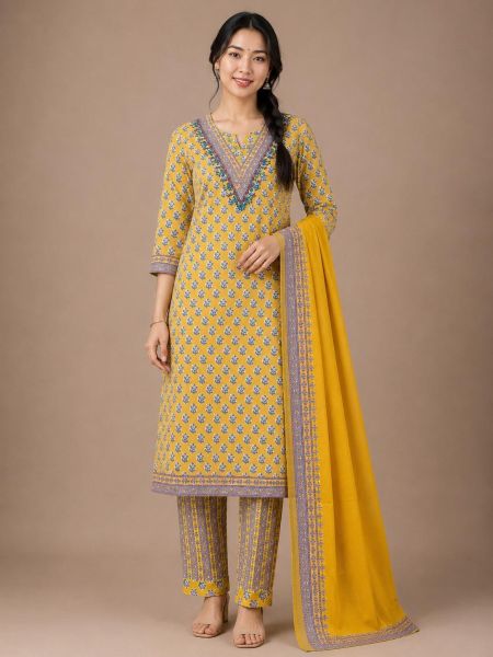 Elegant Mustard Yellow Cotton Salwar Suit with Matching Dupatt