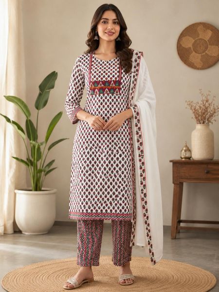 Elegant Maroon Floral  Cotton Salwar Suit with Matching Dupatta