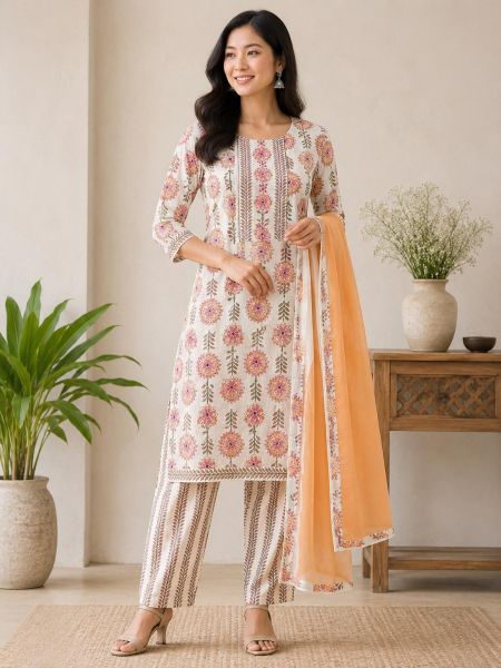 Elegant Peach Floral Cotton Salwar Suit with Matching Dupatta