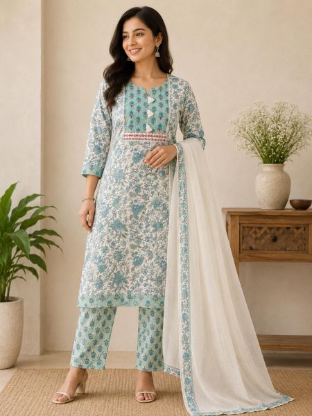 Elegant Aqua Floral Cotton Salwar Suit with Matching Dupatta