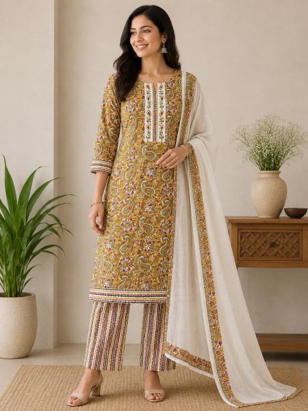 Elegant Mustard Paisley Cotton Salwar Suit with Matching Dupatta