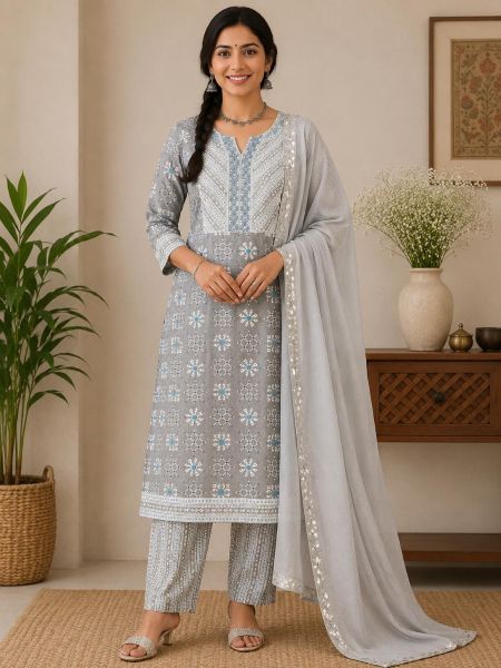 Elegant Grey & Sky Blue Printed Cotton Salwar Suit with Matching Dupatta