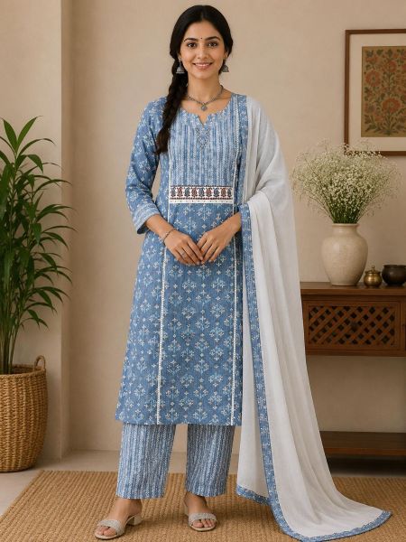 Elegant Blue Printed Cotton Salwar Suit with Matching Dupatta