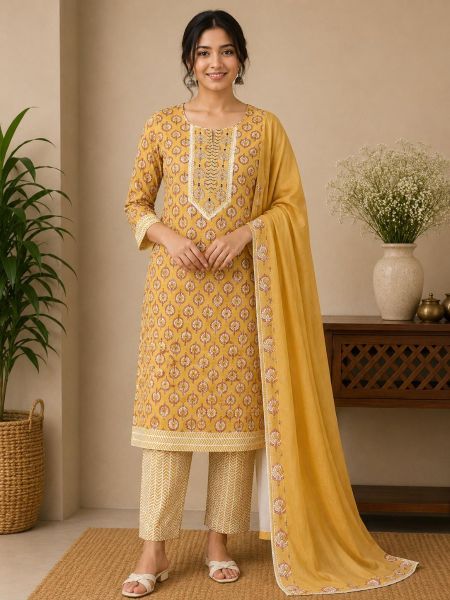 Elegant Mustard Printed Cotton Salwar Suit with Matching Dupatta