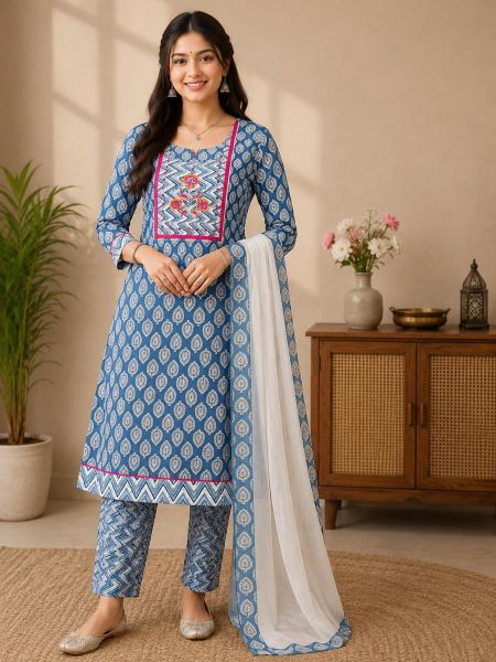 Elegant Indigo Blue Printed Cotton Salwar Suit with Matching Dupatta