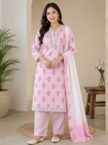 Elegant Pink Floral Printed Cotton Salwar Suit with Matching Dupatta