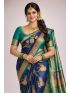 Premium Silk Blend Printed Saree with Contrast Border & Electric Jade Blouse – Midnight Sapphire | Festive & Occasion Wear