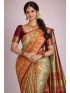 Silk Blend Printed Saree with Contrast Border & Oxblood Maroon Blouse – Terracotta Rose & Pistachio Cream | Festive Wear