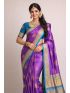 Silk Blend Printed Saree with Contrast Border & Atoll Blue Blouse – Amethyst Violet | Festive & Occasion Wear
