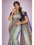 Smoky Sapphire Silk Blend Saree with Contrast Border & Midnight Sapphire Blouse Piece | Printed Festive Wear Saree for Women
