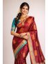 Silk Blend Printed Saree with Contrast Border & Persian Aquamarine Blouse – Oxblood Maroon | Festive & Occasion Wear