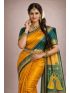 Premium Silk Blend Printed Saree with Contrast Border & Deep Sea Emerald Blouse – Solar Gold | Festive & Occasion Wear