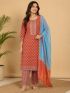 Elegant Brick Red Cotton Salwar Suit with Matching Sky Blue Dupatta