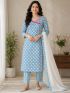 Elegant Sky Blue Printed Cotton Salwar Suit with Matching Dupatta