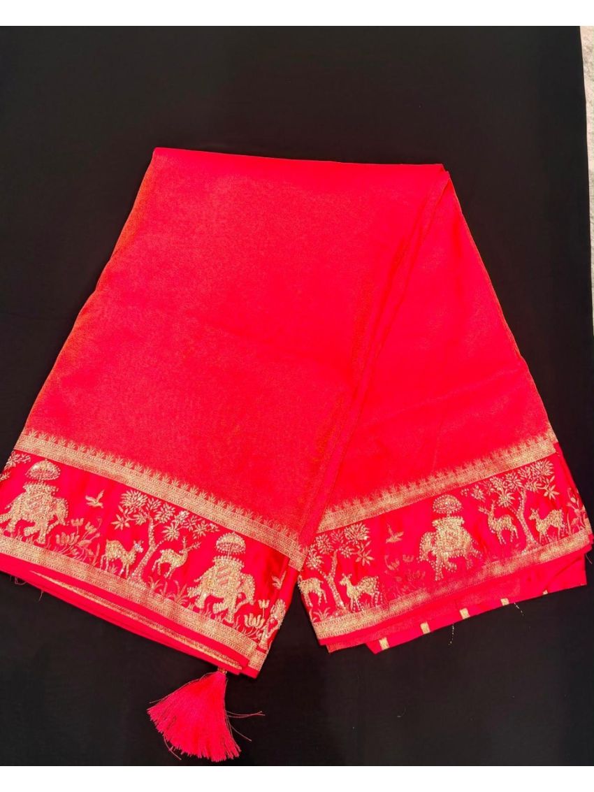  Red Soft Raw Silk Saree with Matching Blouse Piece