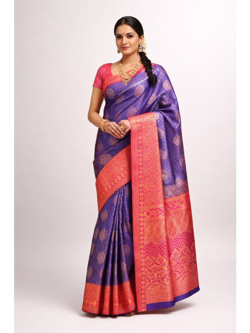 Silk Blend Printed Saree for Women | Cosmic Indigo with Contrast Border | Festive & Occasion Wear | Includes Rosé Blouse Piece