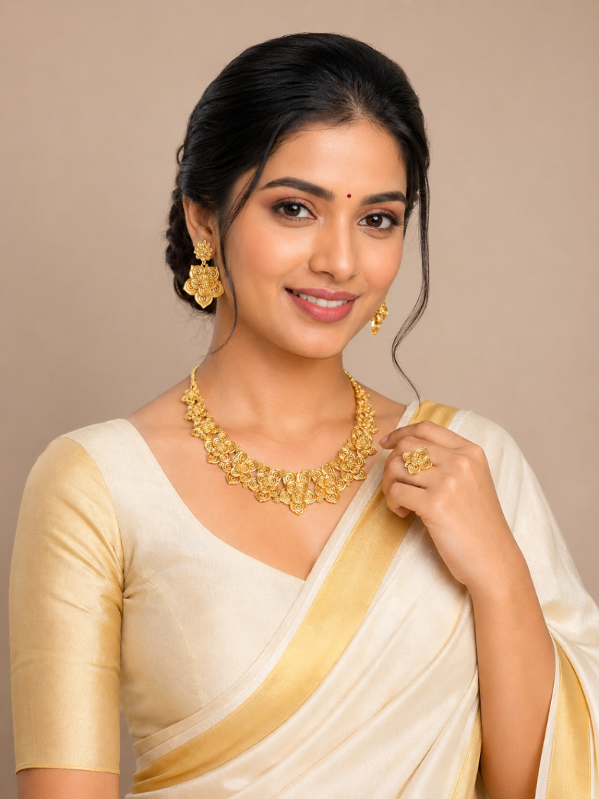 Simple flower design necklace with earring & ring