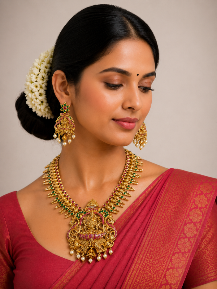 Temple Jewellery with stones and Pearls NEC-ME-A7