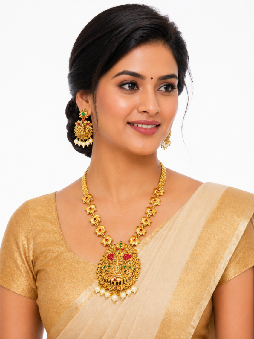 Temple Jewellery with green pink stones and Pearl